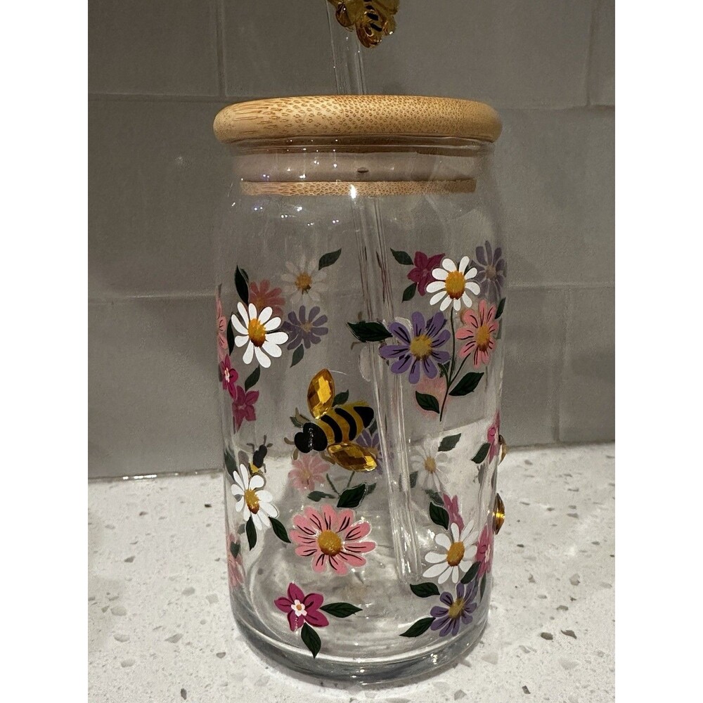 Hand painted Floral & Bee 16 oz glass tumbler, w/ bamboo lid,  straw & jewels
